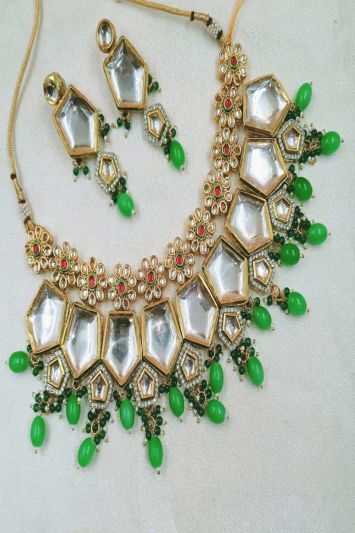 Ethnic Necklace Set In Light Green Color With Stone Work