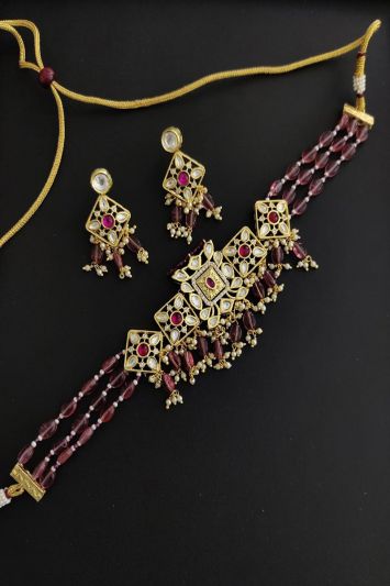 Ethnic Necklace Set With Stone And Beaded Work 