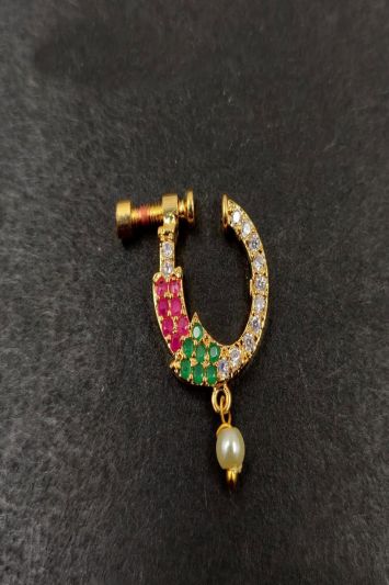 Ethnic Nose Pin In Stone And Beaded Work For Wedding