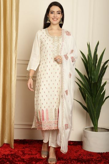 Ethnic Off-White Pure Silk Floral Designer Trouser Suit