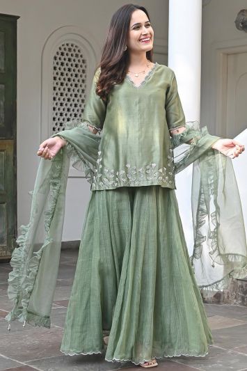 Ethnic Sea Green Silk Sharara Suit For Mehndi