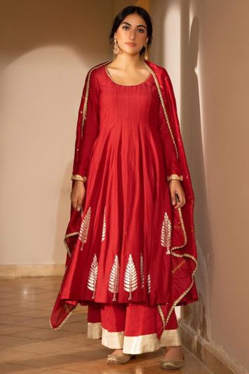 Ethnic Silk Fabric Designer Palazzo Suit in Red Color