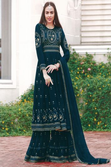 Faux Georgette Blue Pakistani Sharara Suit