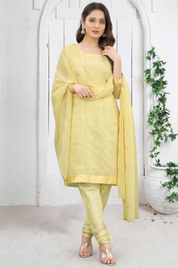 Faux Georgette Fabric Churidar Suit in Yellow Color