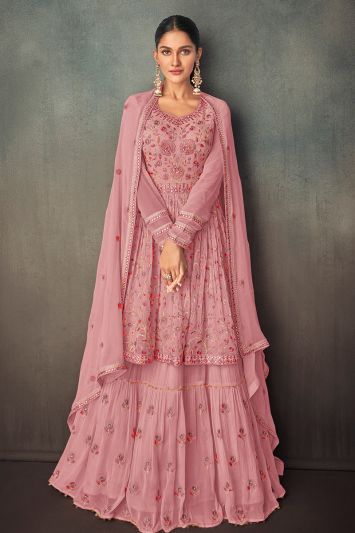 Faux Georgette Fabric Designer Palazzo Suit in Pink Color
