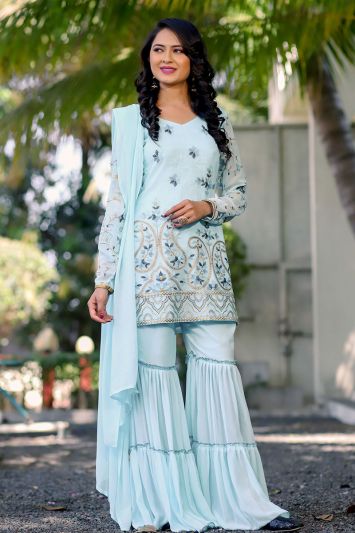 Faux Georgette Fabric Digital Printed Sharara Suit in Sky Blue Color