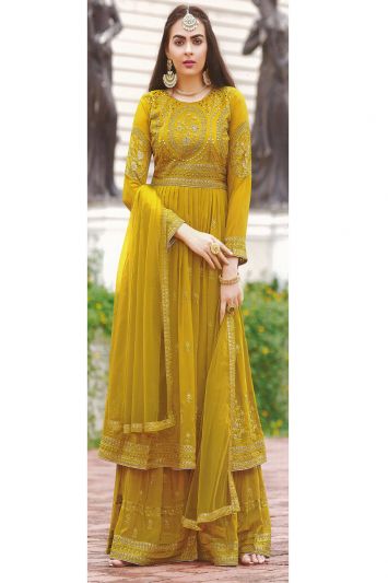 Faux Georgette Yellow Embroidered Sharara Suit