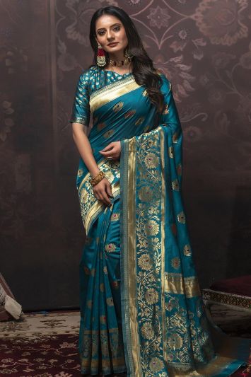 Festive Wear Banarasi Silk Saree in Blue Color