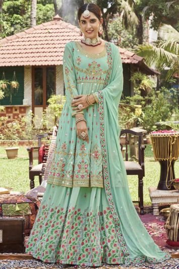 Firozi Green Georgette Sequins Lehenga with Long Choli