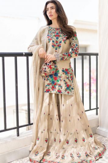 Floral Designer Cotton Fabric Pakistani Palazzo Suit in Grey Color