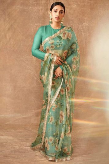 Floral Designer Green Color Art Silk Printed Saree