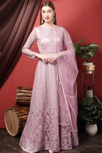 Floral Pink Net Embroidered Anarkali Suit
