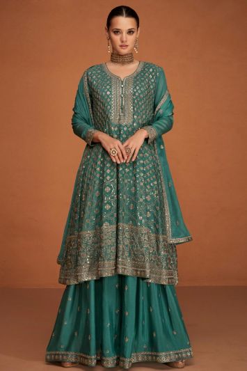 For Diwali Green Color Georgette Sharara Suit