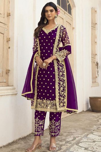 For Eid Butterfly Net Fabric Straight Pant Suit in Purple Color
