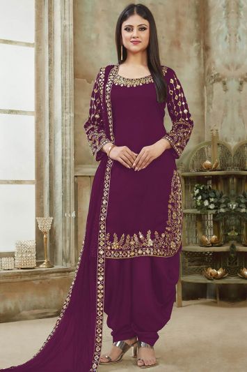 For Eid Purple Color Faux Georgette Fabric Patiala Suit