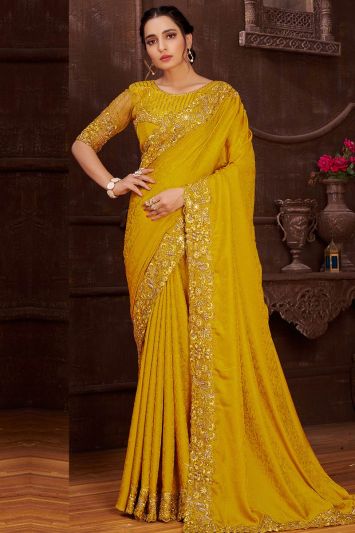 For Haldi This Jacquard Fabric Saree in Yellow Color