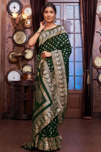 For Mehndi Banarasi Silk Fabric Saree in Dark Green Color