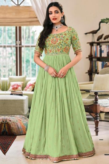 For Mehndi Faux Georgette Fabric Anarkali Suit in Green Color