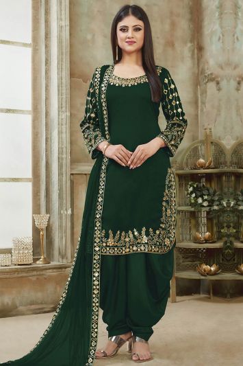 For Mehndi Faux Georgette Fabric Patiala Suit in Green Color