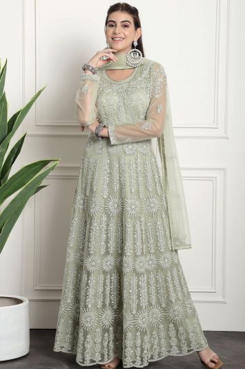 For Mehndi Function Net Gown in Green Color