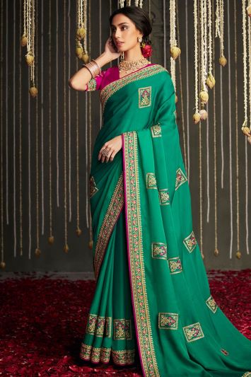 For Mehndi Silk Fabric Saree in Green Color