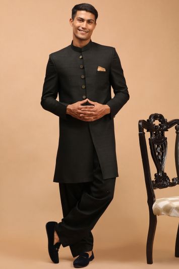 For Men Silk Blend Sherwani in Black Color
