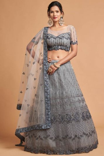 For Sangeet Function Grey Color Soft Net Fabric Lehenga Choli