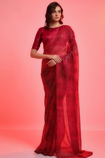 For Wedding Chiffon Fabric Saree in Maroon Color