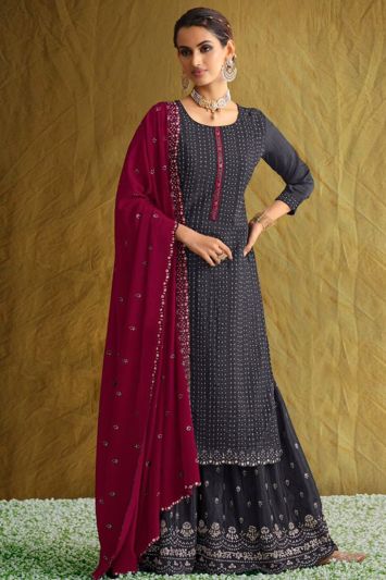 For Women Blooming Chinon Fabric Sharara Suit in Grey Color