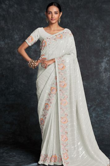 Georgette Designer Saree in White Color