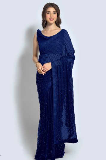 Georgette Fabric Designer Saree in Blue Color