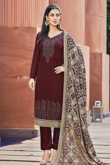 Georgette Fabric Festive Wear Straight Pant Suit in Maroon Color
