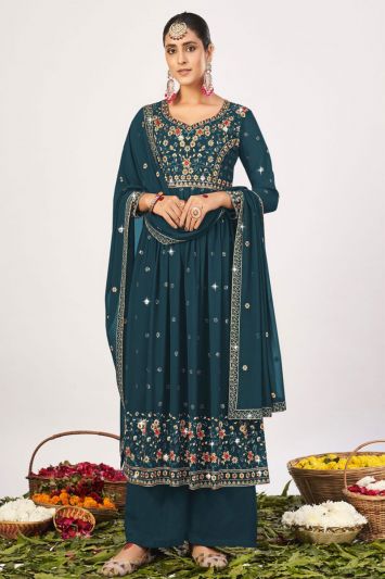 Georgette Sequins Work Palazzo Suit in Teal Blue Color