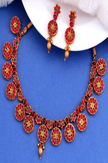Artificial Gold Copper Necklace In Temple Work Karwachauth