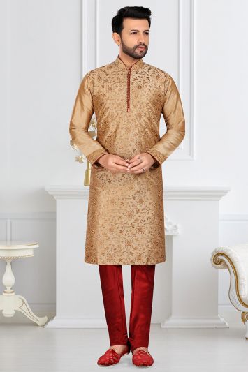 Golden Banarasi Silk Partywear Churidar Kurta Pajama