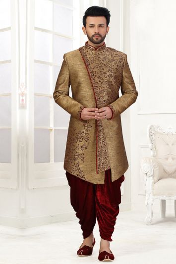 Golden Designing Art Silk Wedding Wear Sherwani with Maroon Velvet Dhoti