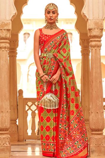 Green and Red Color Tussar Silk Fabric Jacquard Saree