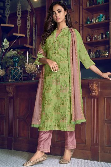 Green Chanderi Silk Churidar Suit For Mehndi