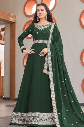 Green Color Faux Georgette Fabric Embroidered Anarkali Suit