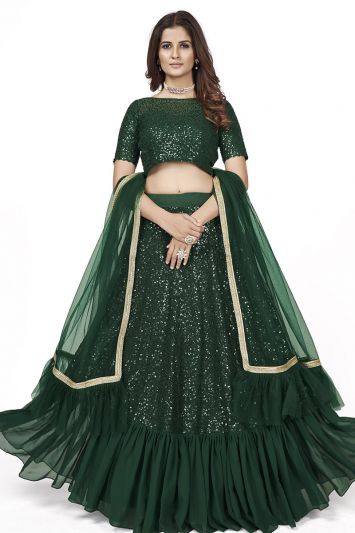 Green Color Faux Georgette Fabric Sequins Work Lehenga Choli