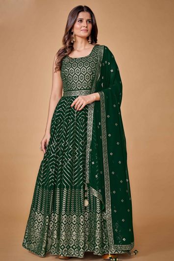 Green Color Georgette Fabric Eid Wear Gown with Sequins Work