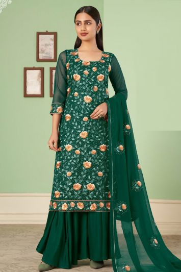Green Color Georgette Fabric Palazzo Suit For Mehndi