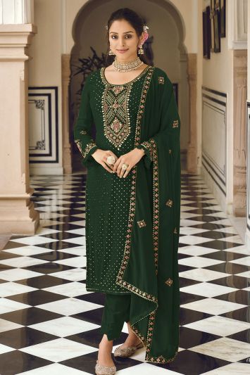 Green Color Heavy Faux Georgette Fabric Straight Pant Suit