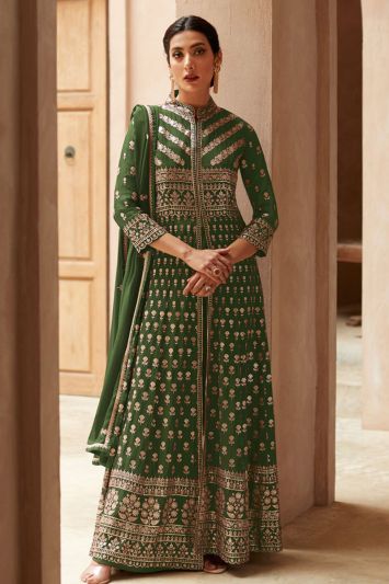Green Color Real Georgette Fabric Sequins Anarkali Suit