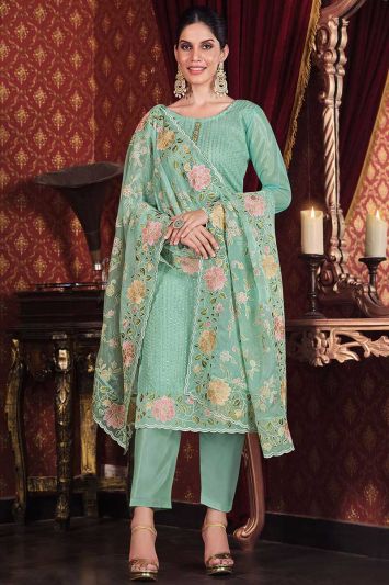 Green Color Soft Organza Fabric Straight Pant Suit