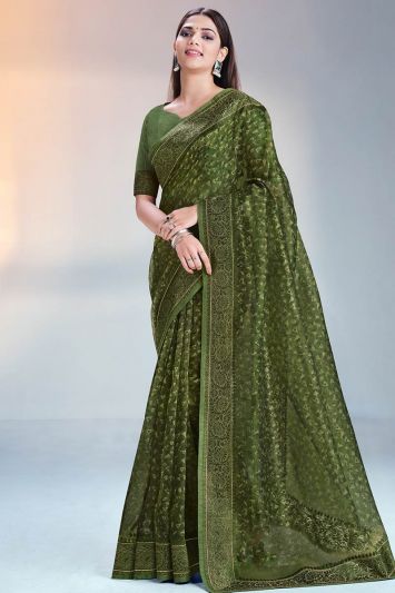 Green Color Tissue Silk Fabric Festive Wear Saree
