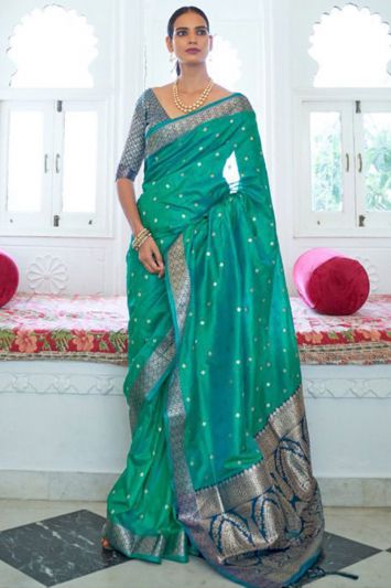 Green Designer Traditional Wear Two Tone Handloom Weaving Saree