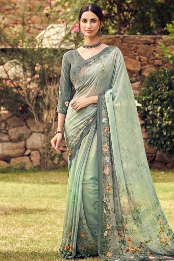 Green Digital Printed Designer Diwali Wear Faux Sorer Crepe Saree