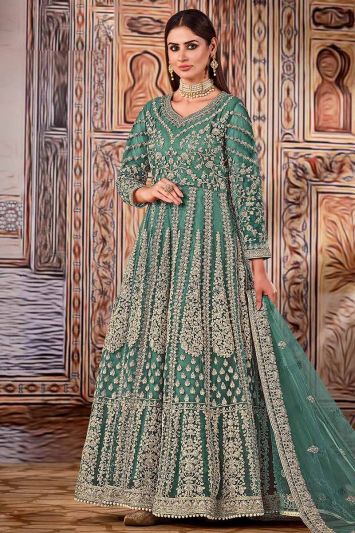 Green Heavy Designer Net Gown Suit For Mehndi