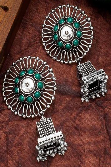 Green Oxidized Earing Set In Kundan For Karwachauth